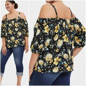 Torrid Black and Yellow Floral Georgette Cold Shoulder Blouse in Size 1 (14/16)